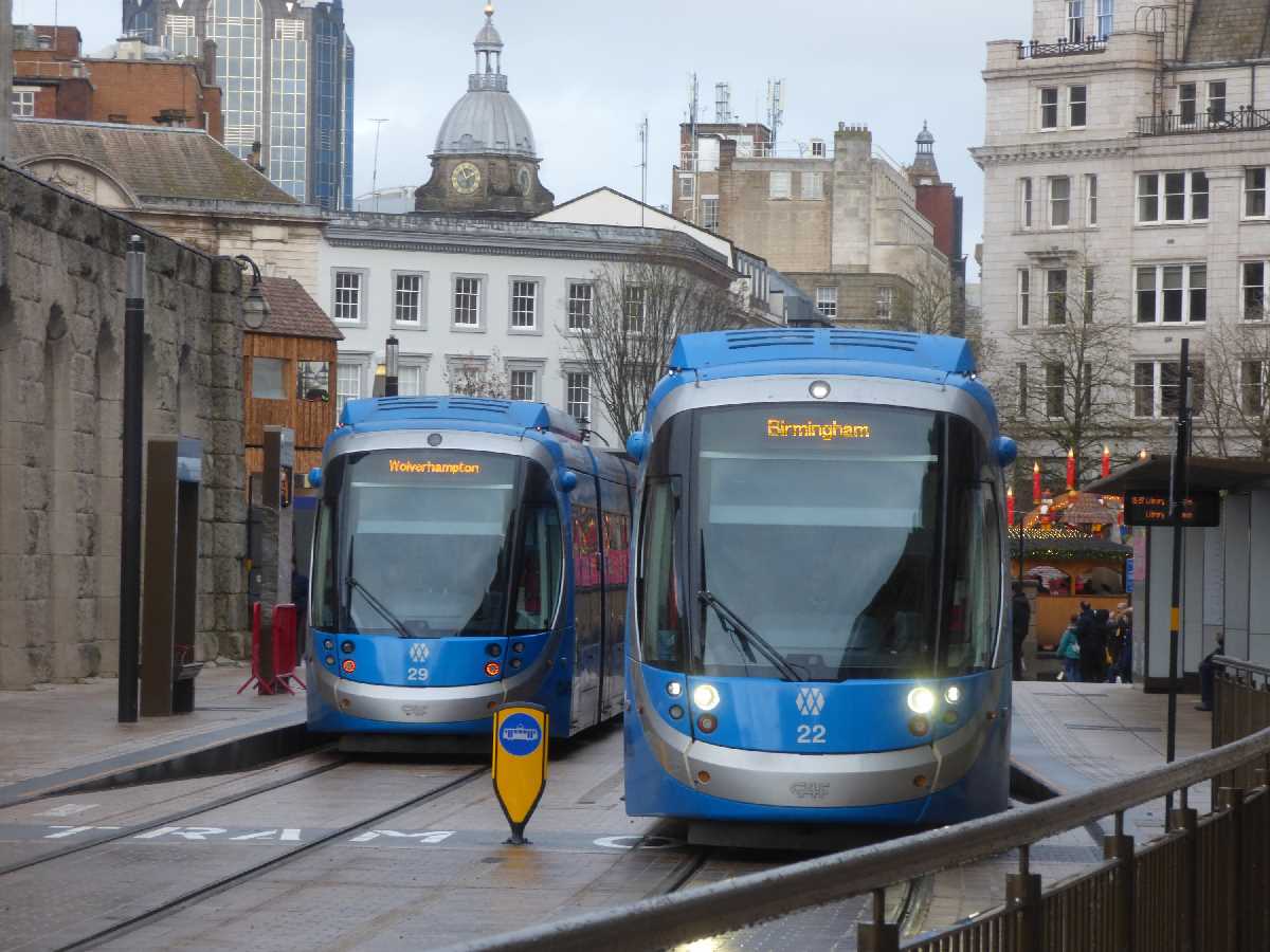 West Midlands Metro tram in and out of Town Hall Tram Stop on the last weekend of the Birmingham FCM (December 2019)